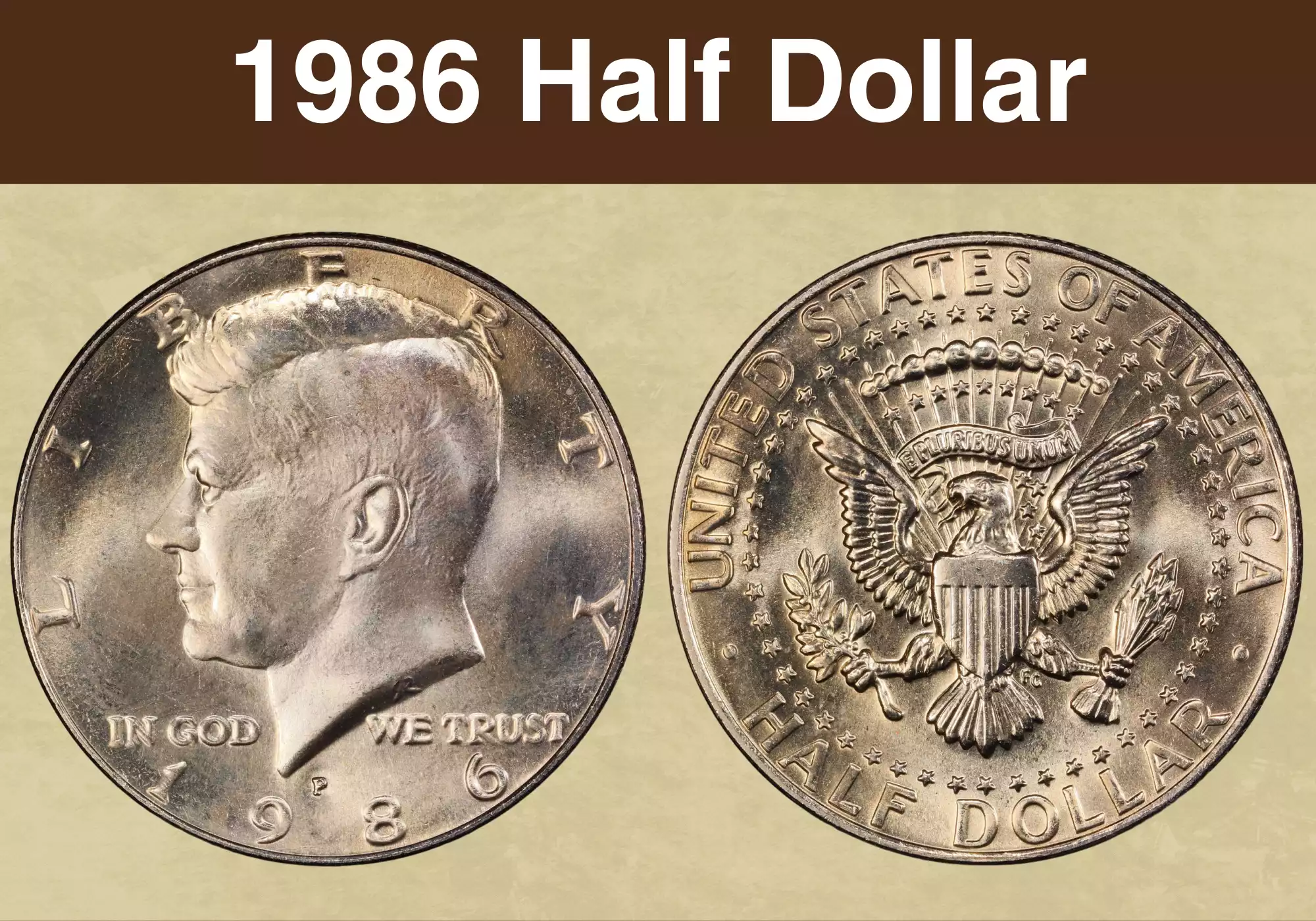 1986-D Kennedy half dollar obverse and reverse showing JFK portrait and Presidential Seal