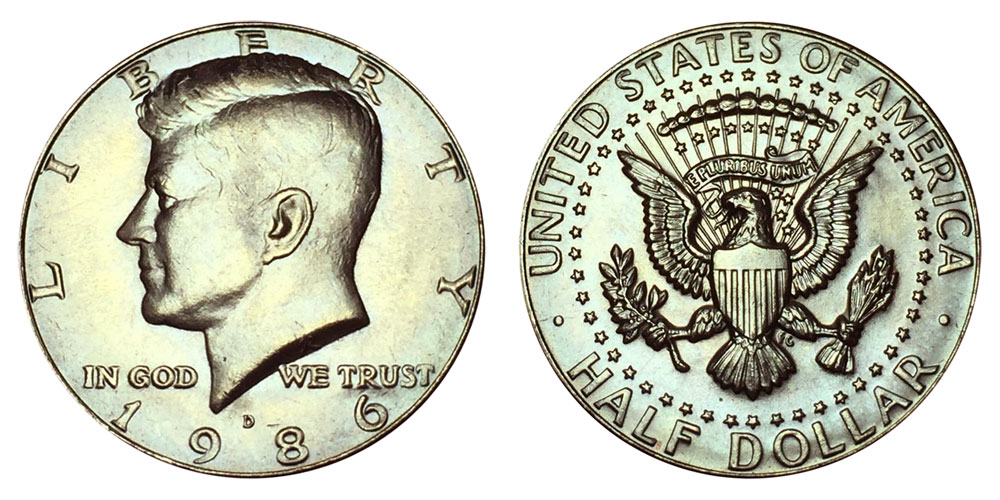 Side-by-side comparison of a typical 1986-D Kennedy half dollar versus a gem MS-67 example showing difference in surface quality