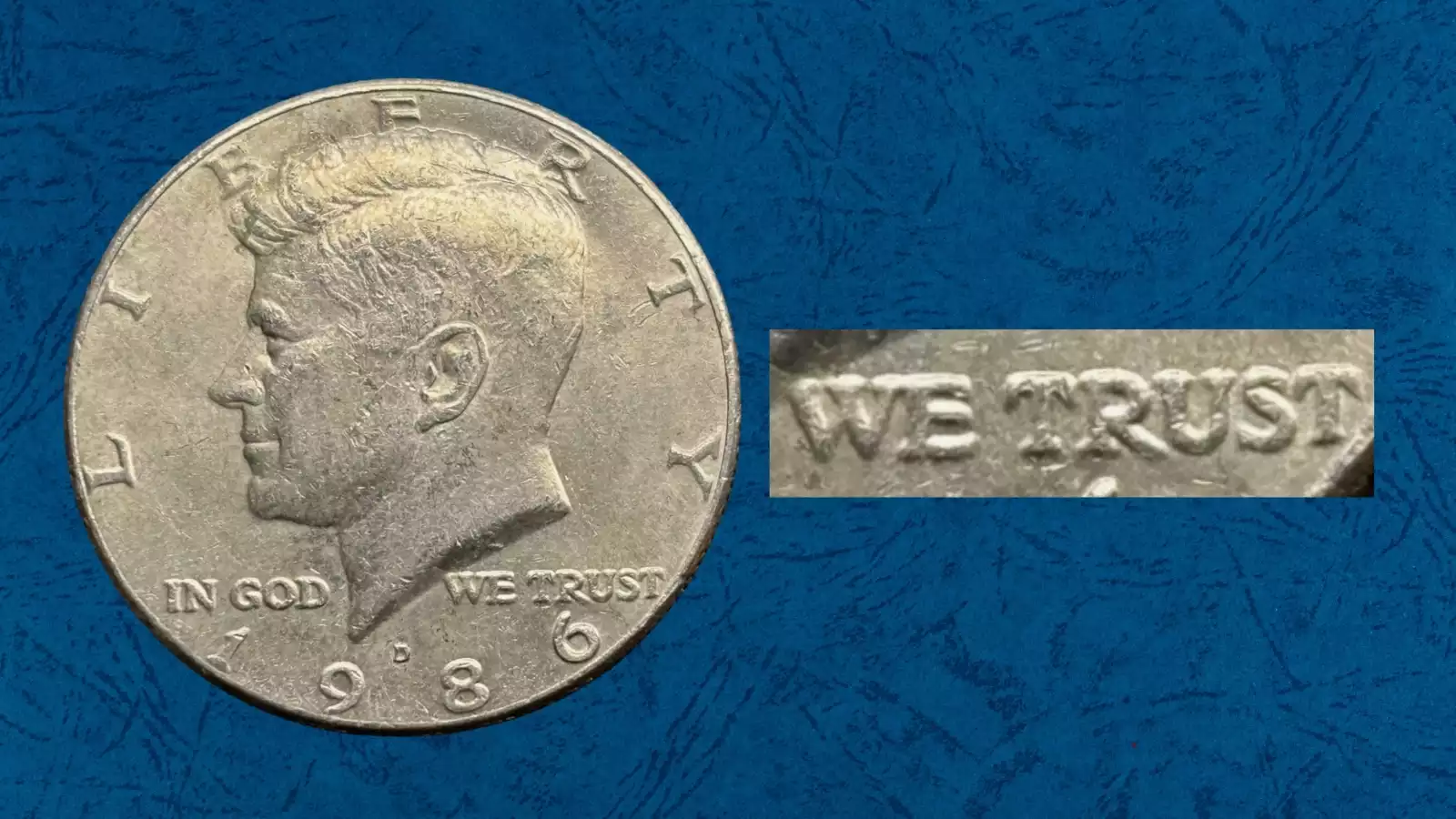 Close-up of 1986 Kennedy half dollar Doubled Die Obverse showing doubling on LIBERTY inscription