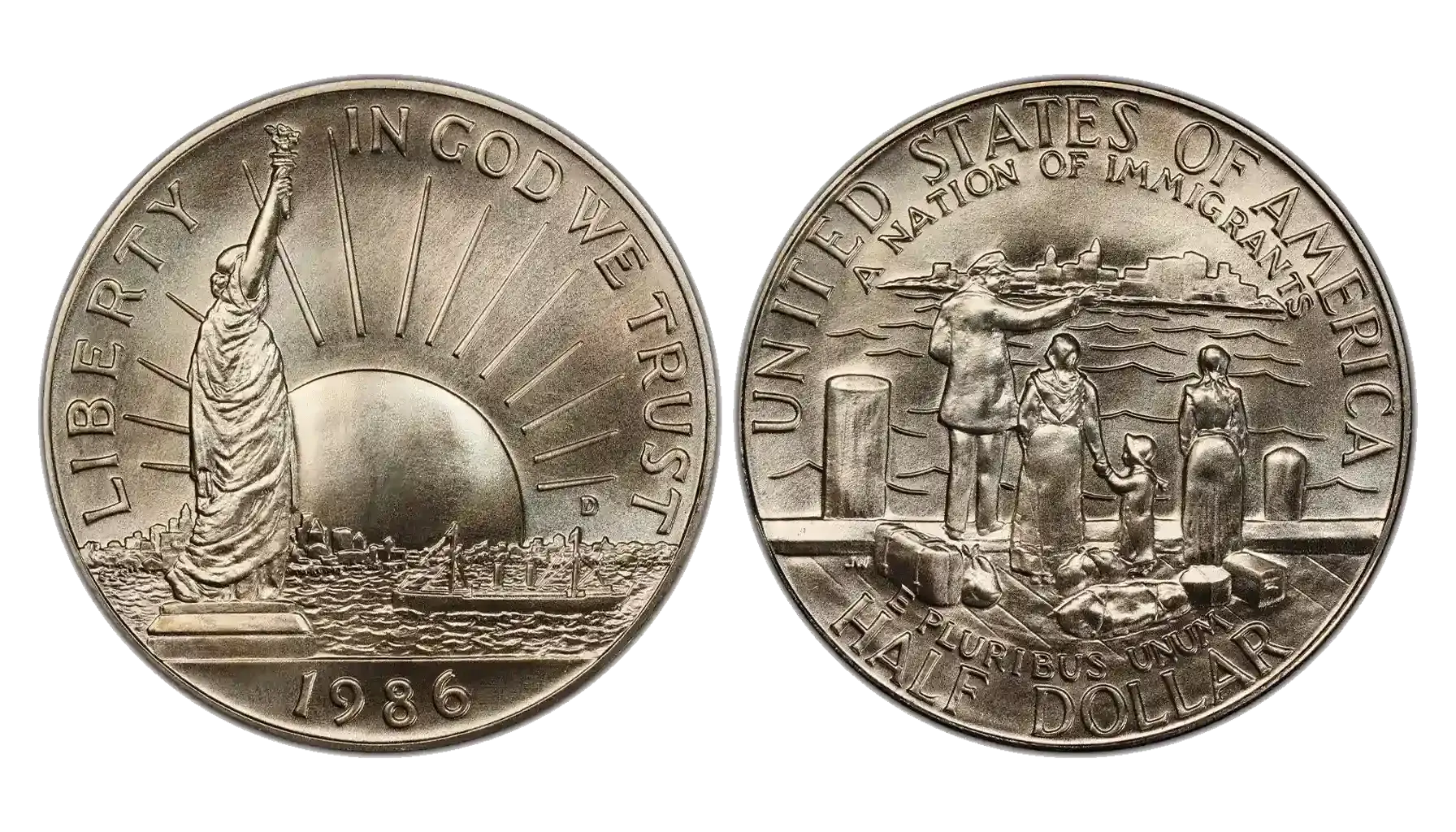 Close-up of 1986 Kennedy half dollar showing die clash ghost impressions from obverse and reverse dies striking each other