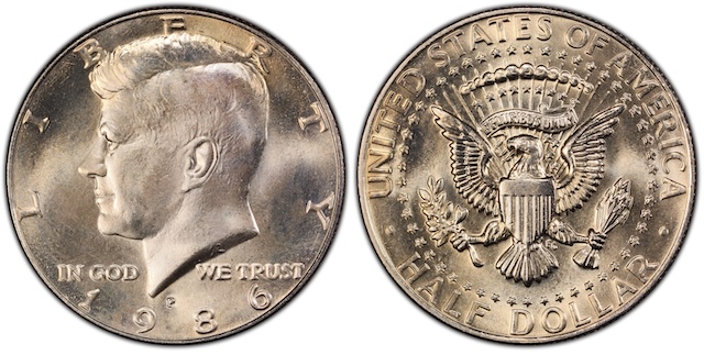 1986 Kennedy half dollar showing a planchet defect error including lamination crack or clipped planchet