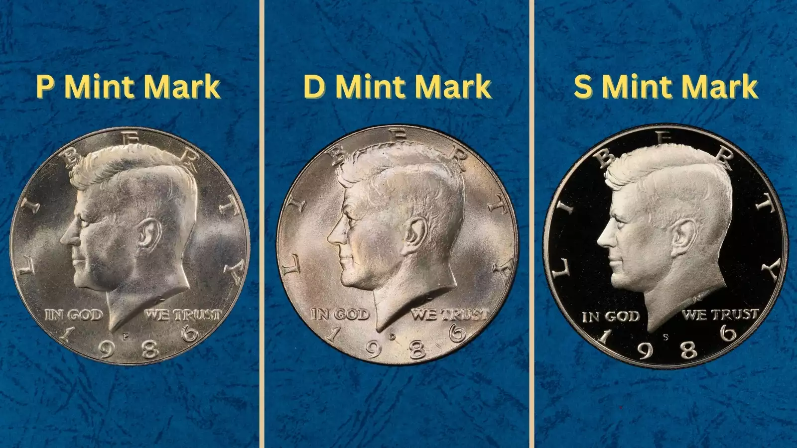 Group of 1986-P and 1986-D Kennedy half dollars in various grades from circulated to gem uncirculated